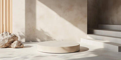 Minimalist White Podium in a Sunlit Room with Natural Elements