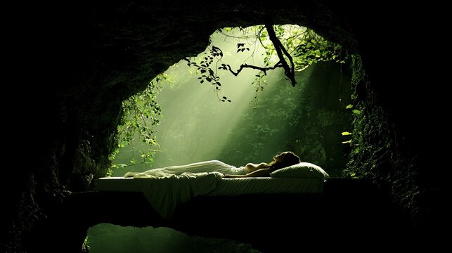 Woman sleeping peacefully in a lush cave.