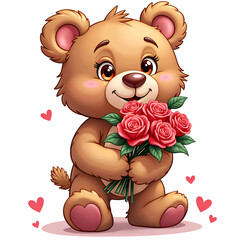 Obraz premium Adorable bear holding a bouquet of roses surrounded by hearts for a touch of whimsy, digital art of character design concept.