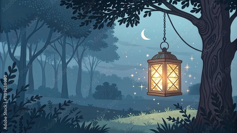 Poster rustic lantern hanging from a hook in a tranquil evening forest with warm light. generative ai