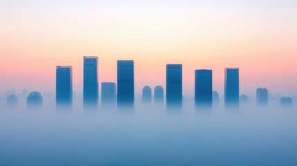 Fototapeta premium Misty Morning Skyline with Tall Buildings and Soft Sunrise Colors