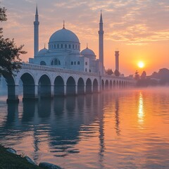 Naklejka premium A serene sunrise over a mosque by the water, reflecting vibrant colors and architectural beauty.