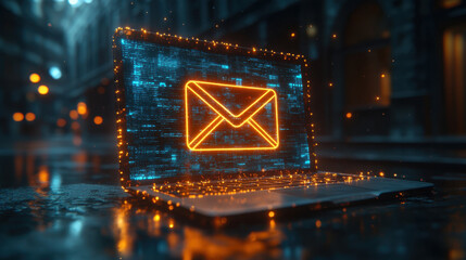 Fototapeta premium glowing mail icon emerges from laptop, surrounded by sparkling particles, creating captivating digital scene. atmosphere is vibrant and modern, evoking sense of connectivity and communication