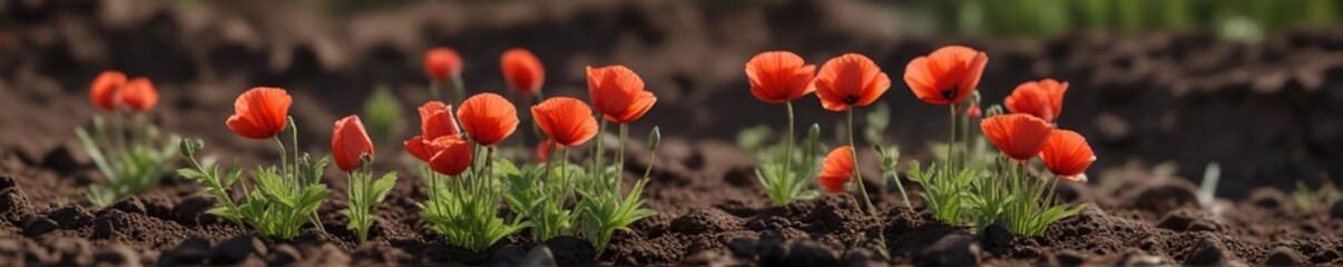 Naklejka premium Small poppy buds growing together in the ground, growth, field, spring