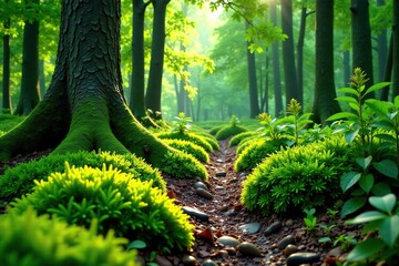 Fototapeta premium Soft green moss blankets the forest floor amidst towering trees, serene landscape, greenery