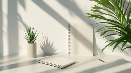Sunlight illuminates a minimalist workspace with a blank spiral notebook, pen, and potted plants.