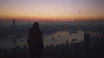 Fototapeta premium Abstract businesswoman stands on the peak of success Smart digital city with connection cyber security network reciprocity over the cityscape future wireless digital city and social media networking