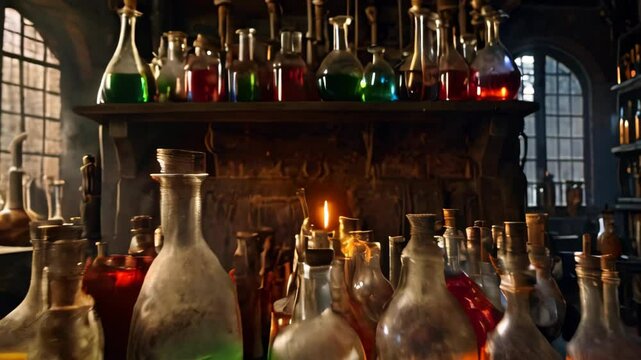 Alchemist, Secret Laboratory, Chemical Concoctions.  Craft pharmacy and medicine. Spiritual occultism chemistry, magic alchemy and ritual arrangement.