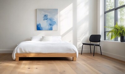Minimalist bedroom with white bedding, wooden bed frame, and blue artwork.