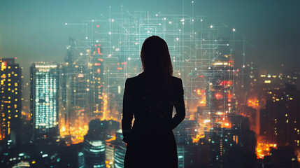 Fototapeta premium Abstract businesswoman stands on the peak of success Smart digital city with connection cyber security network reciprocity over the cityscape future wireless digital city and social media networking