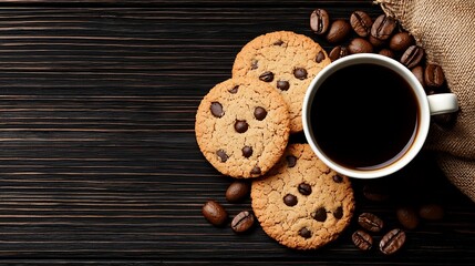 Fototapeta premium Coffee and chocolate chip cookies on wood.