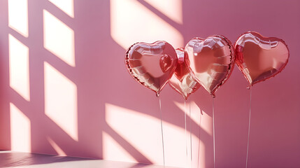 Giant heart-shaped balloons casting shadows over a minimalist pink background evoking elegance and love