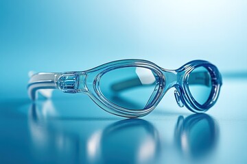 Clear swimming goggles on blue background with reflective surface