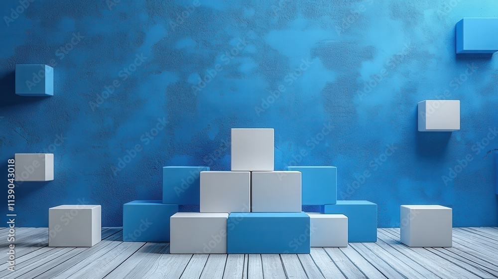 Aufkleber abstract 3d render geometric composition background design with blue and white cube