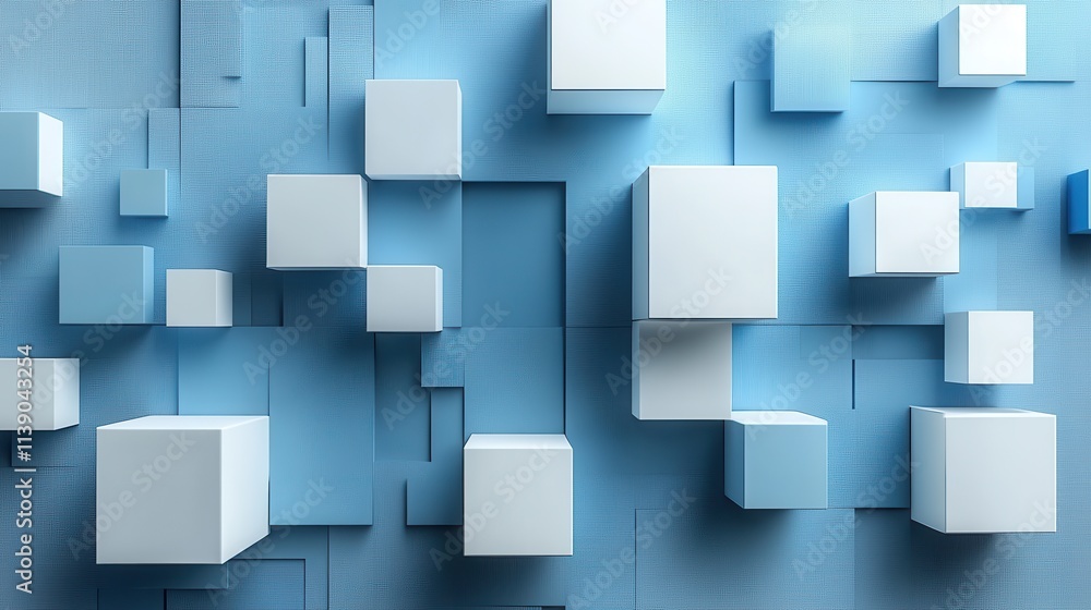 Poster abstract 3d render geometric composition blue background design with cube