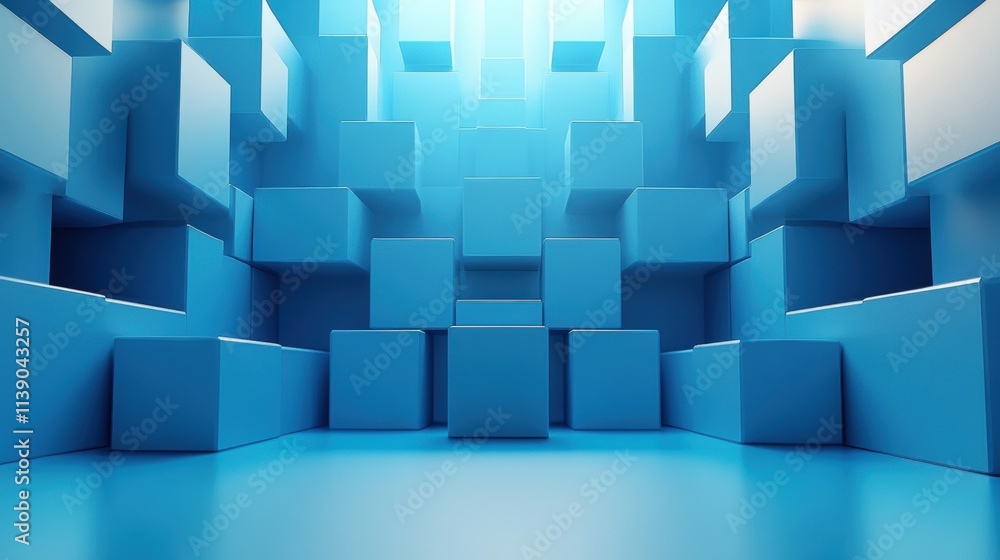 Poster abstract 3d render geometric composition blue background design with cube