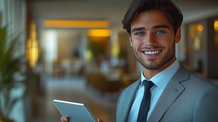 Professional young man using a tablet in a modern office setting with a warm atmosphere