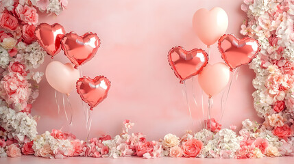 A romantic scene with intertwined heart balloons floating over a floral backdrop ideal for valentine's day themes