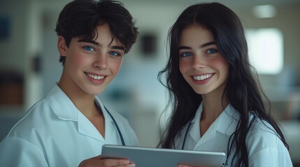 Young medical students sharing knowledge while using a tablet in a bright classroom setting