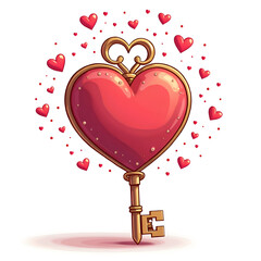 Whimsical heart shaped key surrounded by floating hearts for love and romance themes, digital art of fantasy concept.