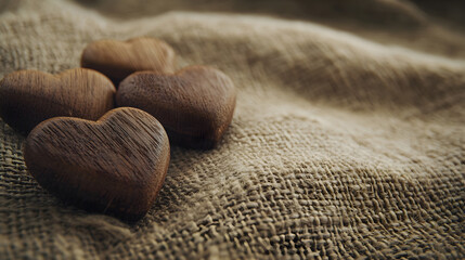 A rustic valentine's theme with heart-shaped wooden ornaments on a burlap-textured background evoking warmth and love