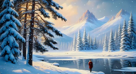 A wintry landscape with a frozen lake, snow-capped trees, and mountains in the background, with a lone figure dressed in red gazing at the scene