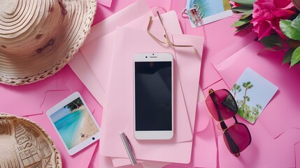 A flat lay of summer essentials on a pink background, including a hat, sunglasses, smartphone, and a photo of a beach.