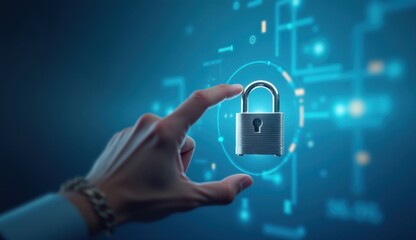 A hand reaching out to hold a floating padlock symbolizing data protection and cybersecurity