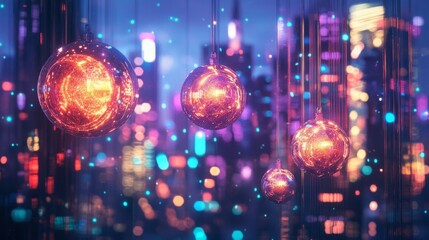 Glowing Cyberpunk Christmas Ornaments in Futuristic Cityscape - Edgy Holiday Decoration with Neon Lights and Urban Background