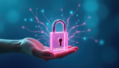 A hand reaching out to hold a floating padlock symbolizing data protection and cybersecurity