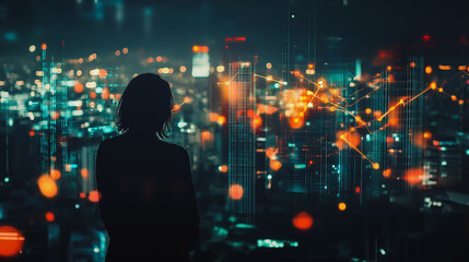 Fototapeta premium Abstract businesswoman stands on the peak of success Smart digital city with connection cyber security network reciprocity over the cityscape future wireless digital city and social media networking
