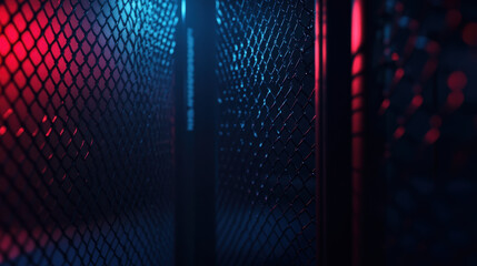 minimalistic MMA cage background, dimly lit with red and blue lights, creates intense atmosphere perfect for combat sports. intricate mesh design adds depth and texture