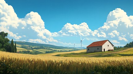 Scenic View of Wind Turbines Nestled Amongst Golden Farmlands with a Charming Barn and Majestic Sky in Background