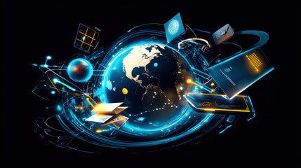 Fototapeta premium 3D Globe with Education Technology Icons: Global Digital Learning Revolution