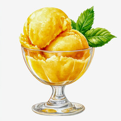 Ethereal mango sorbet in glass bowl with green leaf vibrant colors refreshing dessert food photography wihte background