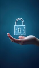 A hand reaching out to hold a floating padlock symbolizing data protection and cybersecurity - obrazy, fototapety, plakaty