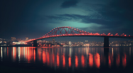 Obraz premium Illuminated Bridge Over Tranquil Waters at Night