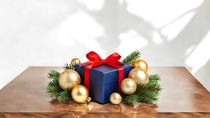 A blue gift with a red bow placed on a marble table, surrounded by golden Christmas ornaments and pine branches, with a white background and subtle shadows

