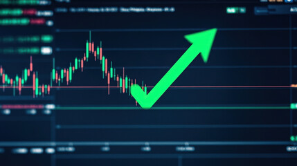 Naklejka premium stock market chart shows rising trend with green arrow indicating growth. background is dark, emphasizing upward movement in financial data