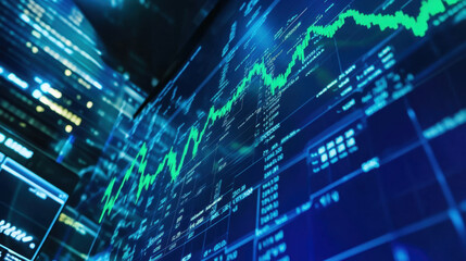 Obraz premium Stock market chart with rising trends on digital screen, showcasing financial data and analytics in modern setting. vibrant green lines indicate growth and investment opportunities