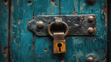 vintage lock on weathered blue wooden door, showcasing rustic charm and security. intricate details of lock and texture of wood evoke sense of history and protection