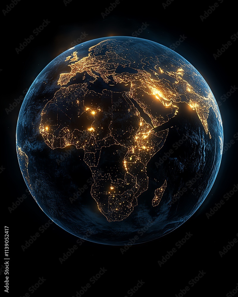 Poster 3d earth with continents interconnected by illuminated digital networks