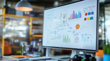 computer monitor displaying colorful graphs, charts, and data visualizations in modern office setting. workspace is organized and bright, inspiring productivity and creativity