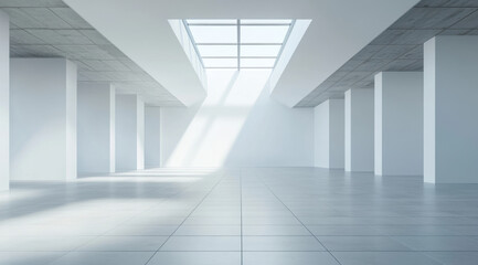 Obraz premium wide angle shot of empty white room with large windows, showcasing natural light streaming in, creating serene and spacious atmosphere