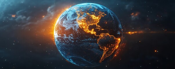 Obraz premium 3D image of Earth with continents interconnected by glowing digital lines