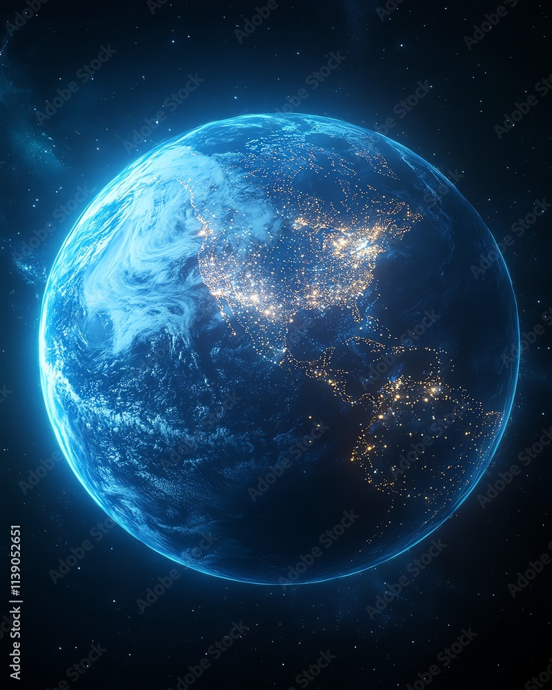 Poster 3d image of planet earth with its continents connected by glowing networks