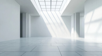 Fototapeta premium wide angle shot of empty white room with natural light streaming through large windows, creating serene and spacious atmosphere