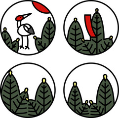 1月のカラーミニ円形花札アイコンセット