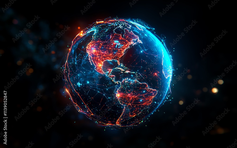 Poster a 3d model of earth with continents interlinked by glowing digital networks, representing global tec