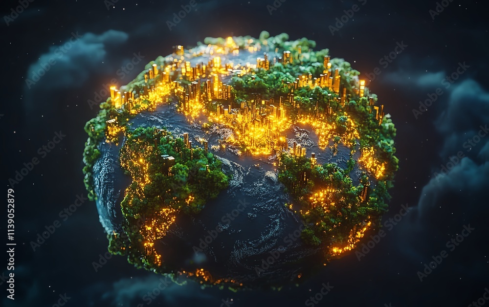Poster a 3d model of earth with continents interlinked by glowing digital networks, representing global tec